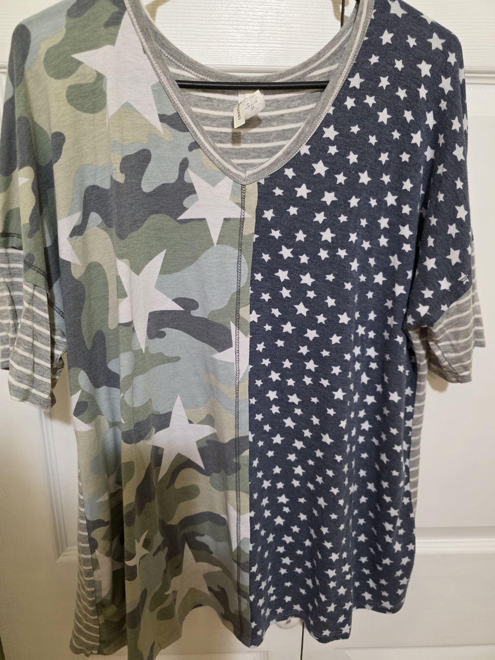 Women’s Split-Print V-Neck Top in Olive Camo & Navy Star